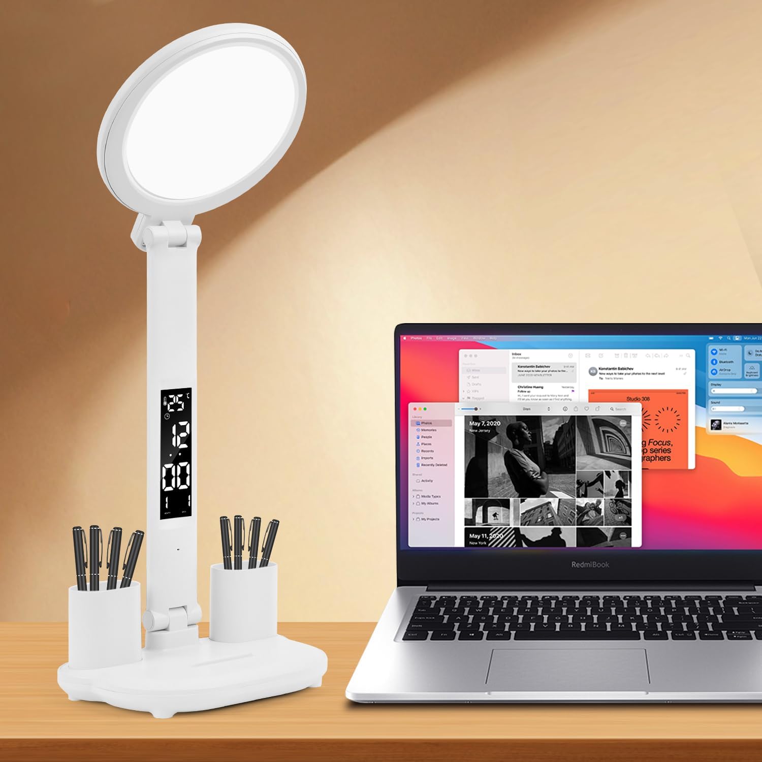 

LED Desk Lamp with Fan Foldable Dimmable 3 Color Modes with Clock Date Temperature Pen Holder for Home Office Study Desk Light Ordinary-Plug-in