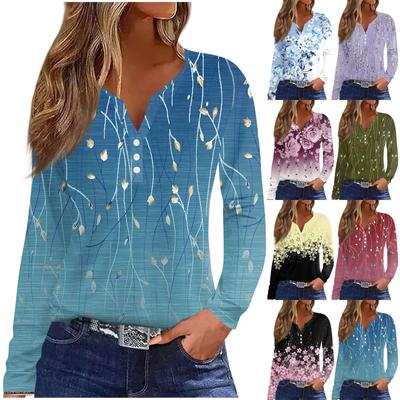 Women's Fashion Casual V-Neck Floral Print Long Sleeve Decorative Button T-Shirt Top
