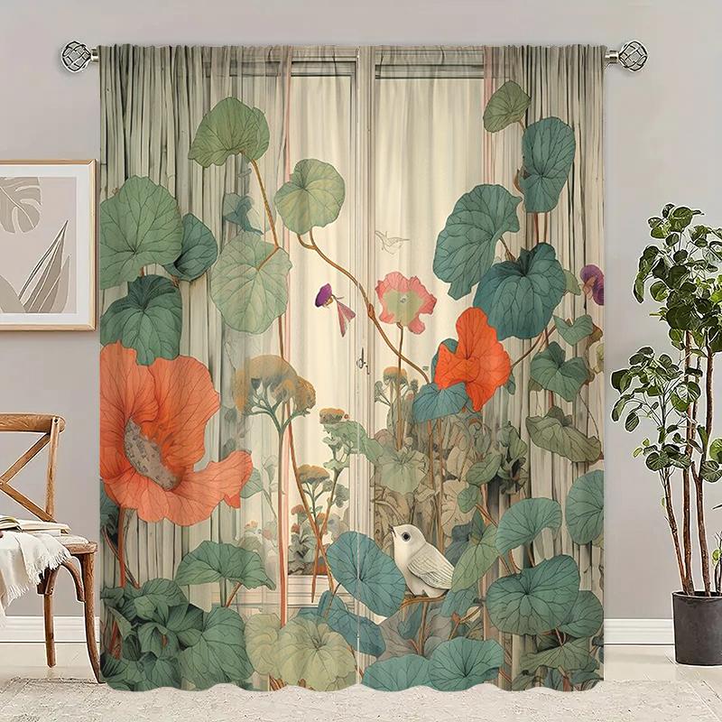 2pcs- Chinese-style fresh lotus polyester curtains, pole bag curtains 42*84, bedroom, living room, home room decoration