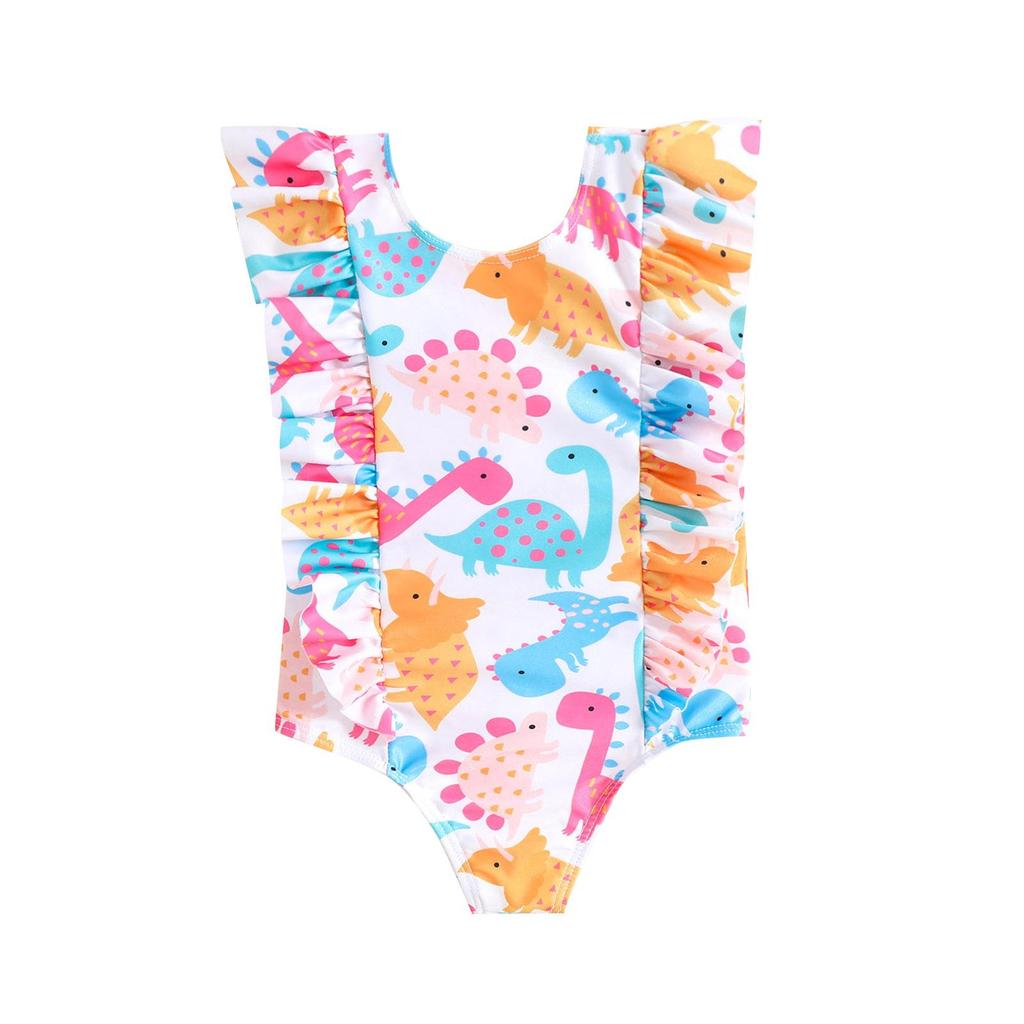 Fashionable Ruffle One-Piece Swimsuit for Girls - Cute Dinosaur Print