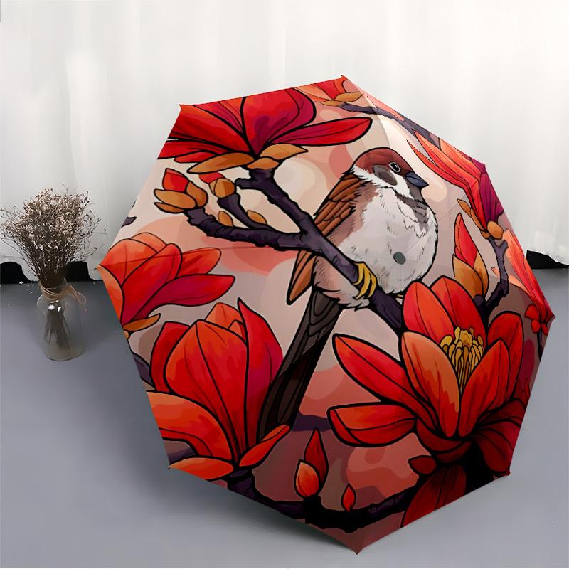 1pc Magnolia Bird Print Automatic Folding Umbrella Durable Iron Frame,All Seasons Home Travel Outdoor Multifunctional Umbrella yy251115102