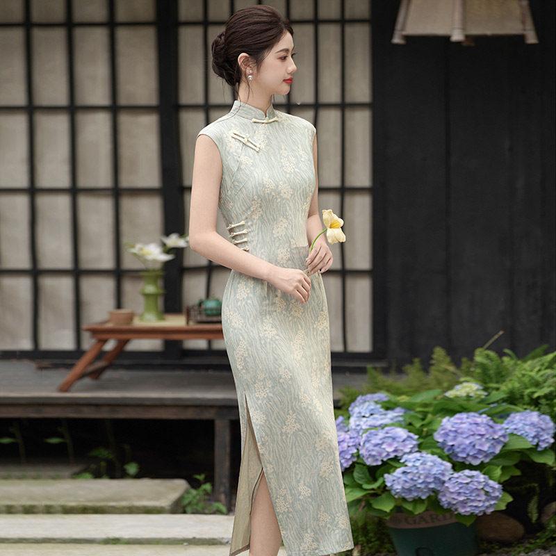 Green sleeveless national style new Chinese Suzhou long cheongsam improved young 1011 new women's high sense summer