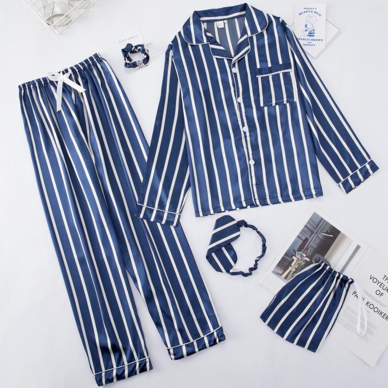 Sieben teiliges gestreiftes Pyjama-Set aus Kunstseide mit langärmeligem Cardigan und Camisole für Frühling und Herbst
