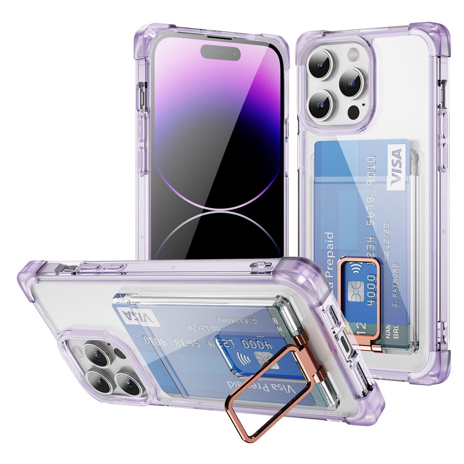 

For iPhone 14 Pro Case Reinforced Corners TPU+Acrylic Phone Cover with Kickstand Card Holder Transparent Purple