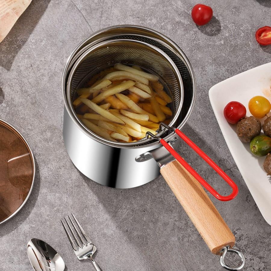 Anti scald wooden handle fryerSUS 304 stainless steel Japanese style deep fryer large capacity household with thickening