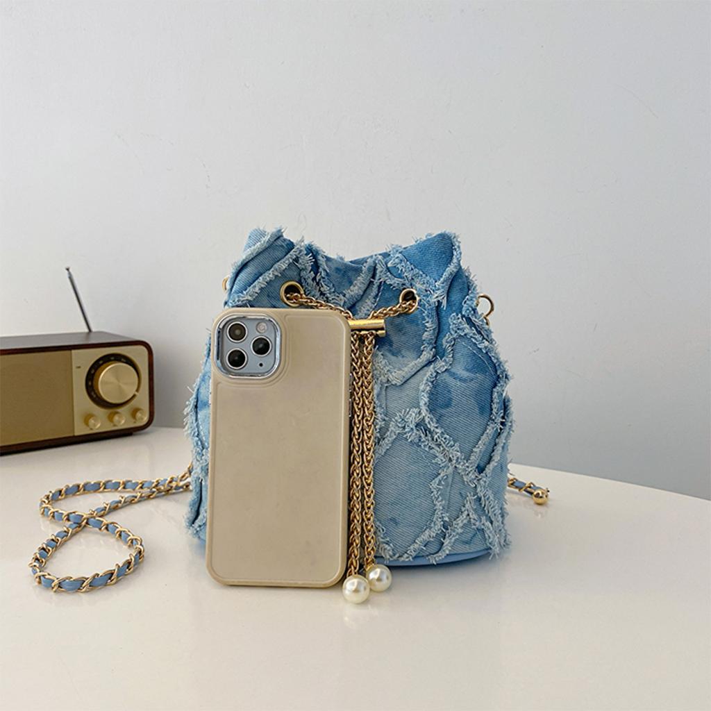 Women's Fashion Denim Crossbody Bag Diamond Quilted Shoulder Purse with Chain Strap & Drawstring Closure for Daily Use Commute