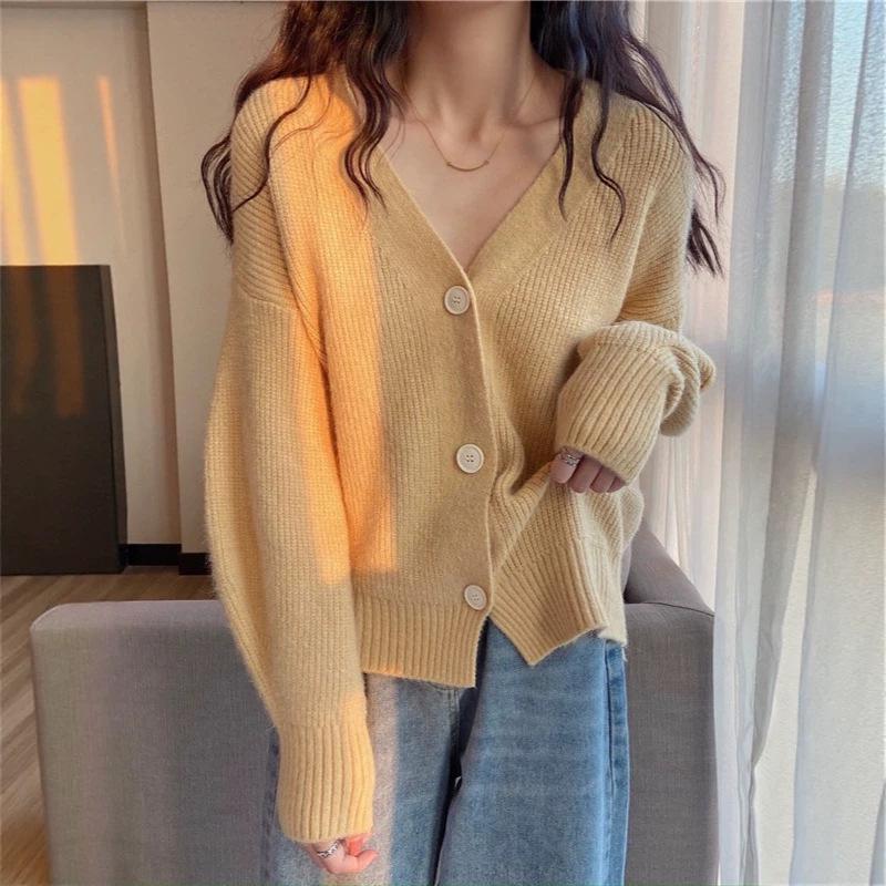 2026 Spring/Autumn Korean Loose Knit V-Neck Cardigan Sweater for Women, Little Coco Fashion Style.