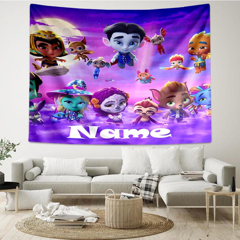 Custom Name Super Monsters Print Tapestry, Backdrop, Easy Setup, Ideal for Bedroom, Office & Living Room, with Aesthetic Wall Hanging Decor.