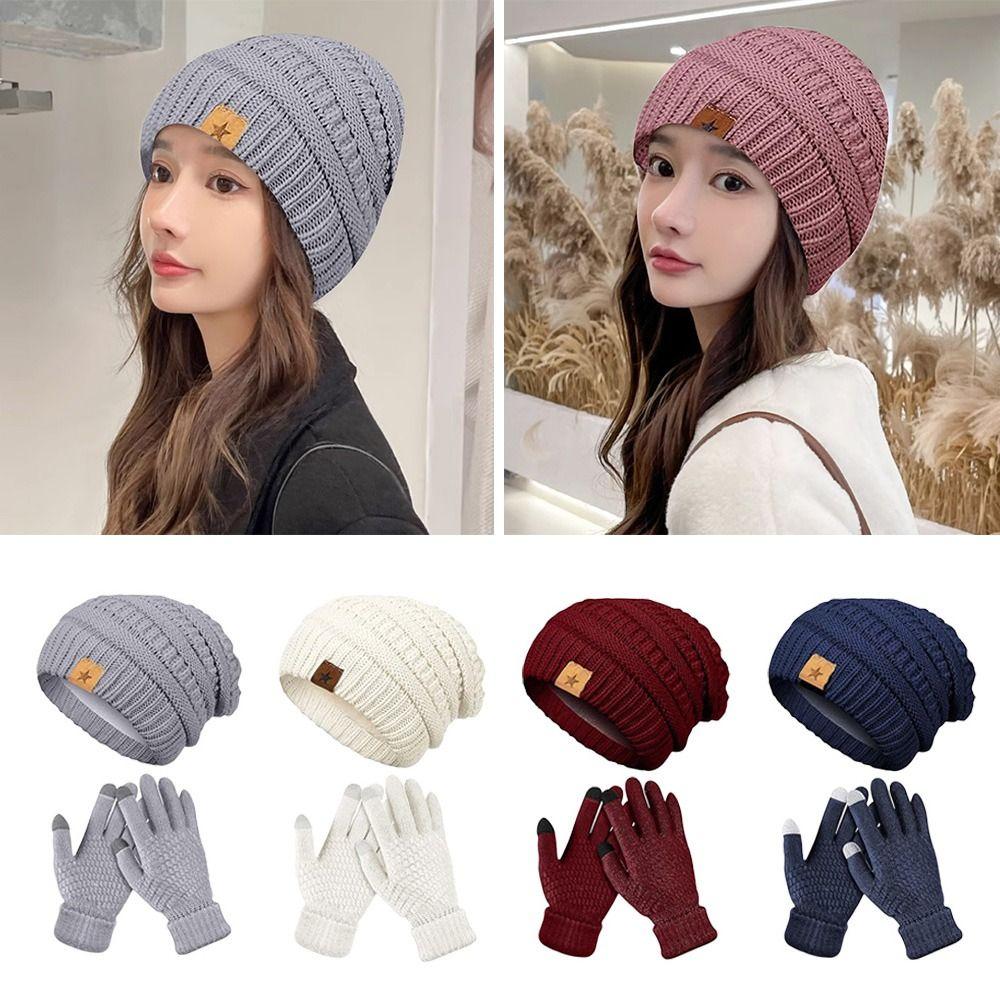 2PCS/Set Soft Knitted Hat Warm Winter Warm Mitten Gift Women Hats Gloves Set  Outdoor
