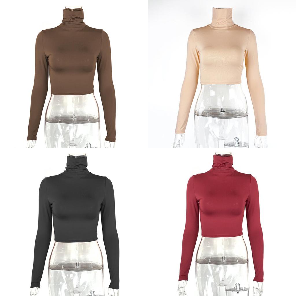 Streetwear T Shirt With High Neck Long Sleeves For Fall Fashion Women