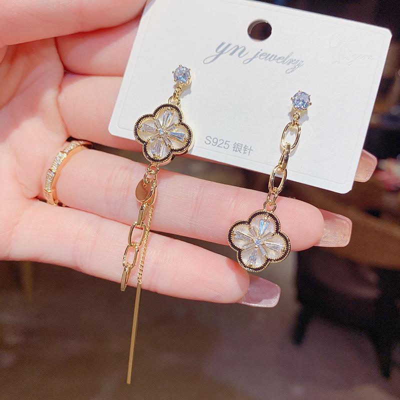 Asymmetrical Four Leaf Flower Long Tassel Fashion Dangle Earrings For Women