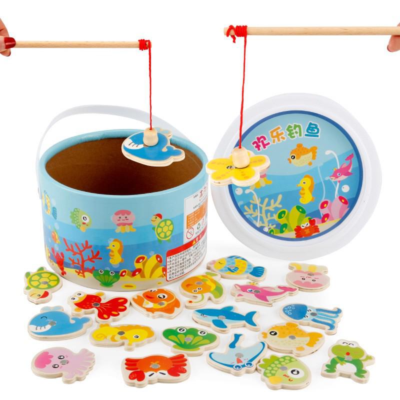 Double-Sided Wooden Magnetic Fishing Toy for Toddlers – Educational Ocean-Themed Bucket with Intelligence-Car Feature