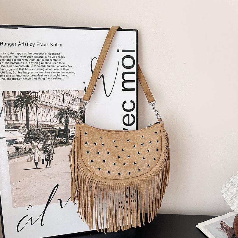 2025 Retro Suede Fringe Rivet Shoulder Bag for Women - Light Luxury Western Style