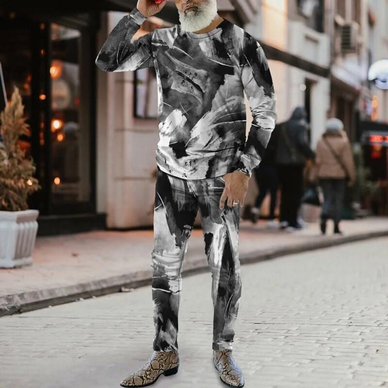 2024 Men's Long Sleeve T-shirt Two-piece European Charm 3d Printed Pattern Popular Street Wear  Loose Suit