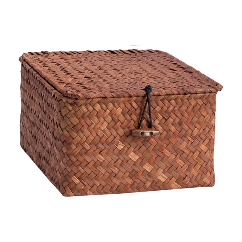 Decorative Natural Rattan Basket With Cover Multipurpose Household Organizer For Kitchen Living Room Essential