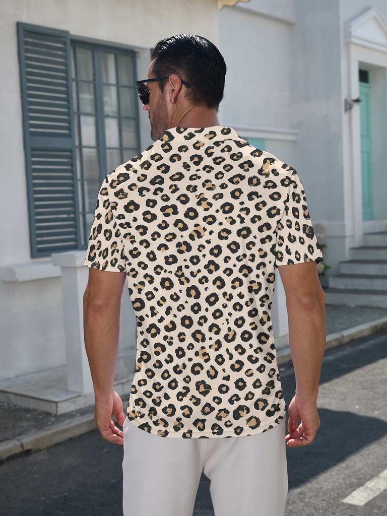 Men's Short-Sleeve Polo Shirt with Full-Body Leopard Print Lapel Collar - Button-Up Button Placket, Minimalist Summer Beachwear Suitable for Dates,