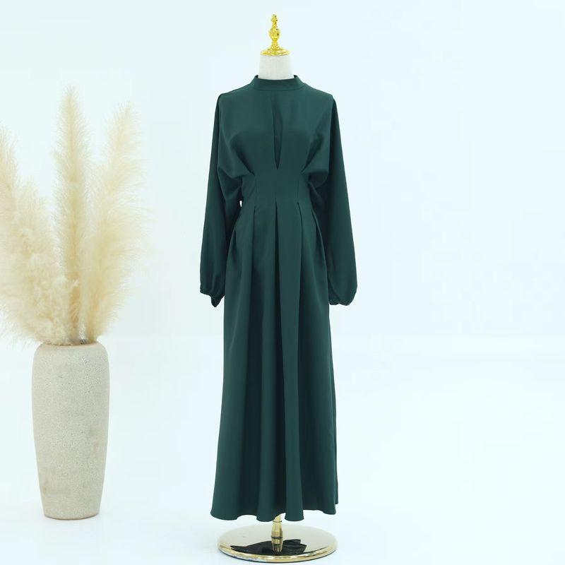 

New Arrival Middle East Turkey Pure Color Drawstring Sleeves Silm Dress Solid Color Waist up Dress Dark green L