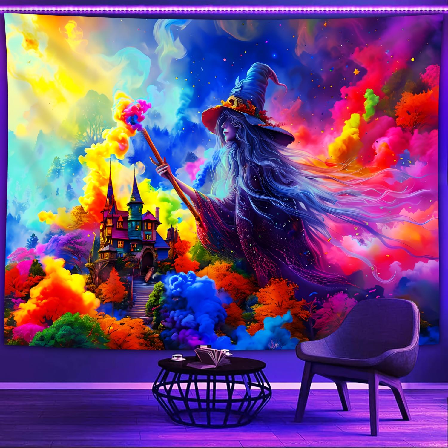 Magical Witch Tapestry Pointed Hat Witch Starry Sky Castle Living Room Bedroom Fantasy Style Room Decoration 100X70CM