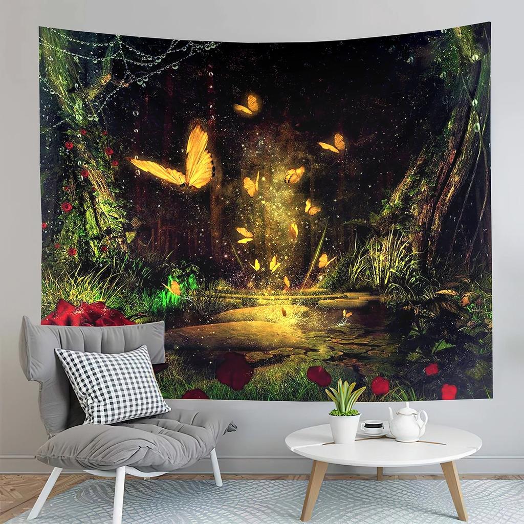 Fairy Tale Forest Tapestry Full Moon Night  Red Mushroom  Living Room Bedroom Dormitory