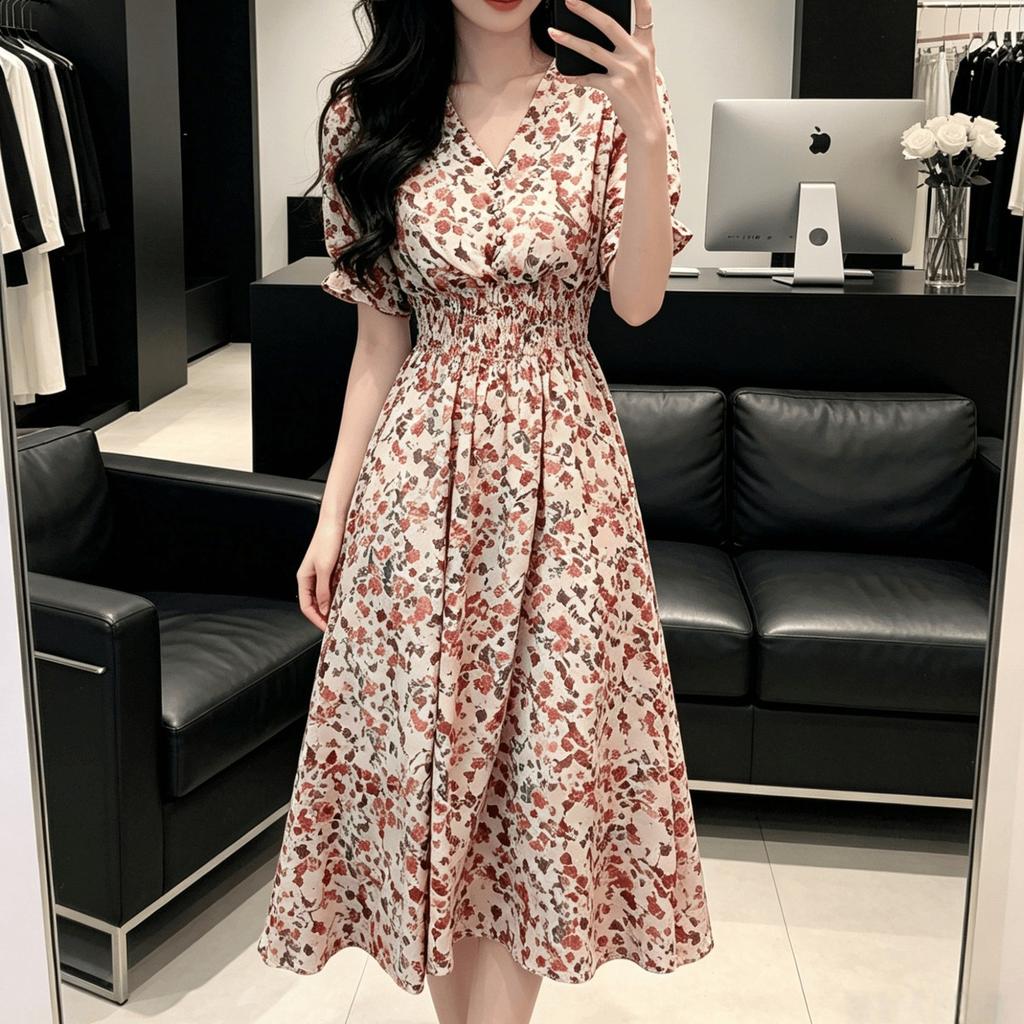 Summer Chiffon Sweet Wind Bubble Sleeves Floral V-neck Dress Women's Waist French Pleated Tea Break A Word Medium and Long Dress