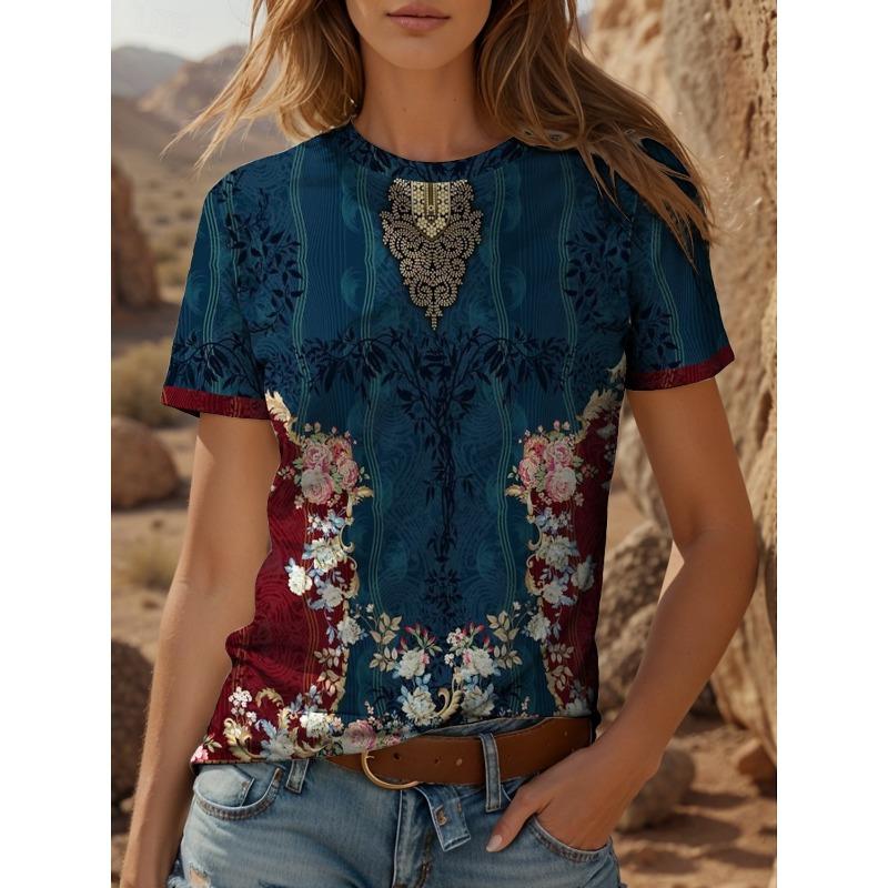 Retro Floral Print Damen T-Shirt Sommer Locker Lässig Kurzarm Tees Oberteile Kleidung Mehrere Stile und Größen zur Auswahl