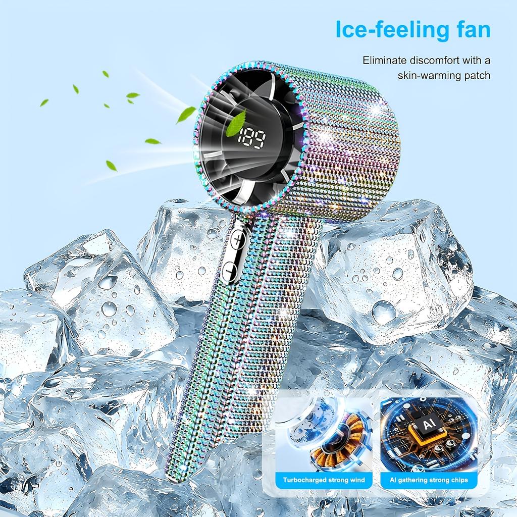 1PCS Deluxe Full Drill Portable Handheld USB Fan, Rechargeable, 189 Speed Adjustable Cooling Fan, with high definition digital