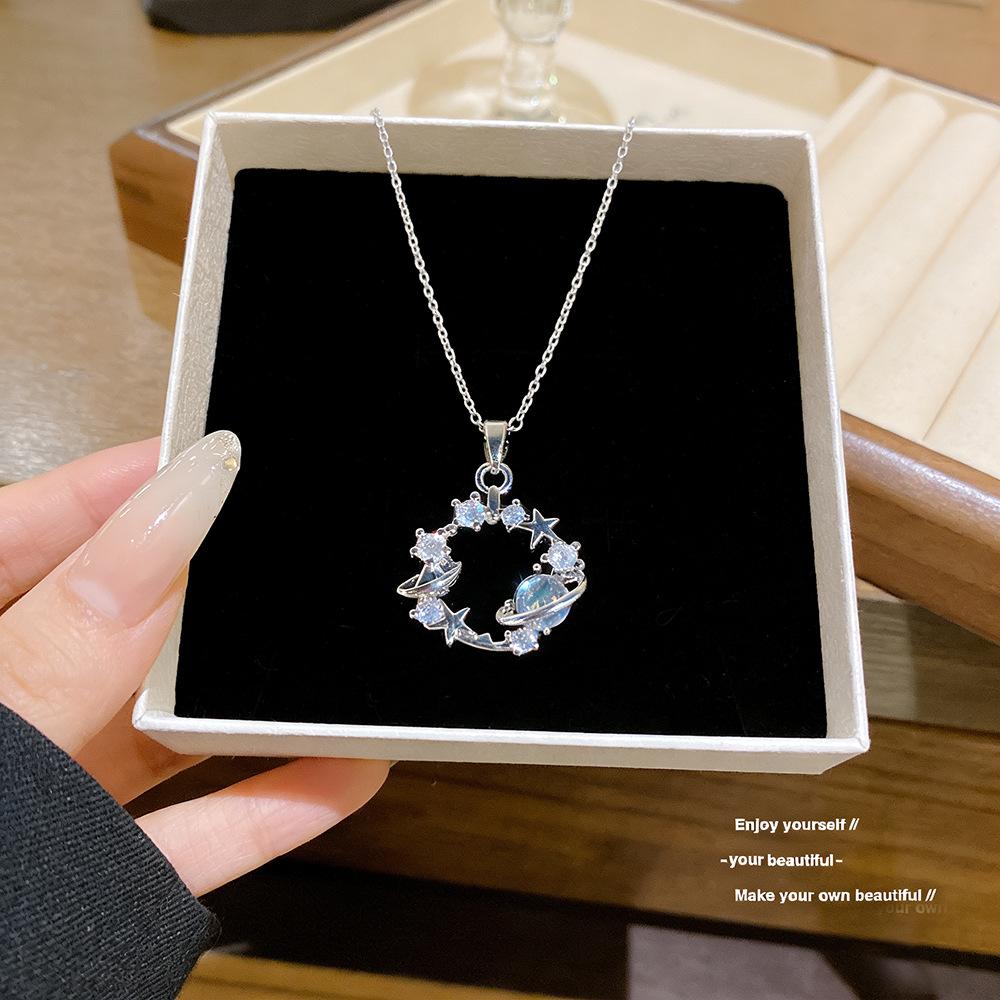 Fashion Women Inlaid Rhinestone Star Planet Titanium Steel Clavicle Necklace
