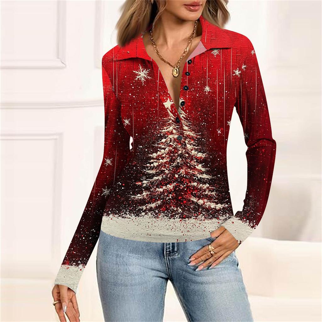 Damenmode Lässig Bedrucktes V-Ausschnitt Langarm Knopfleiste Oberteil