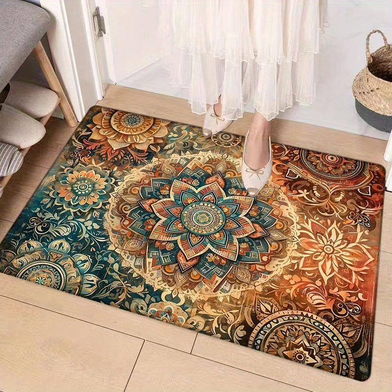 Vibrant Mandala Style Flannel Door Mat Entryway Kitchen Living Room Bedroom Laundry Bathroom Floral Red Beige Bathroom Carpet