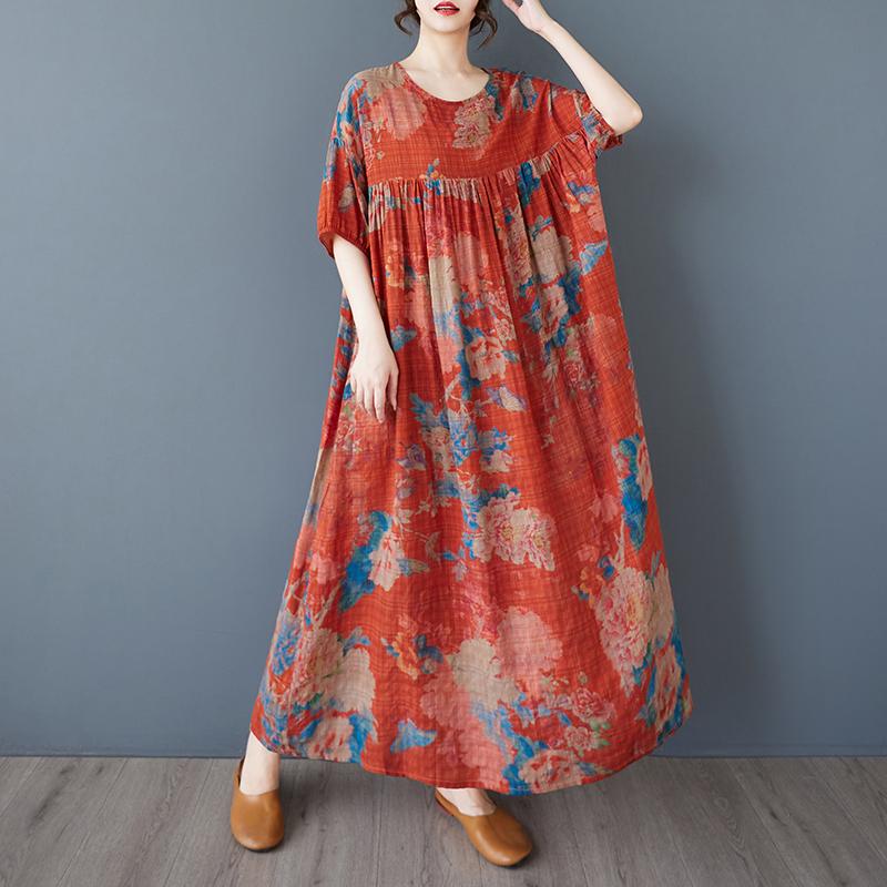 DIMANAF 2025 Women Plus Size Vintage Summer Dress Floral Short Sleeve Casual Basic New Printing Dress Loose Long Dress