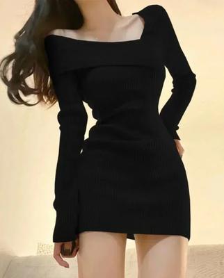 Korean Style Mini Knitted One-piece Dress Women Long Sleeve Tunic Cabaret Dresses Khaki Winter Spring Clothes