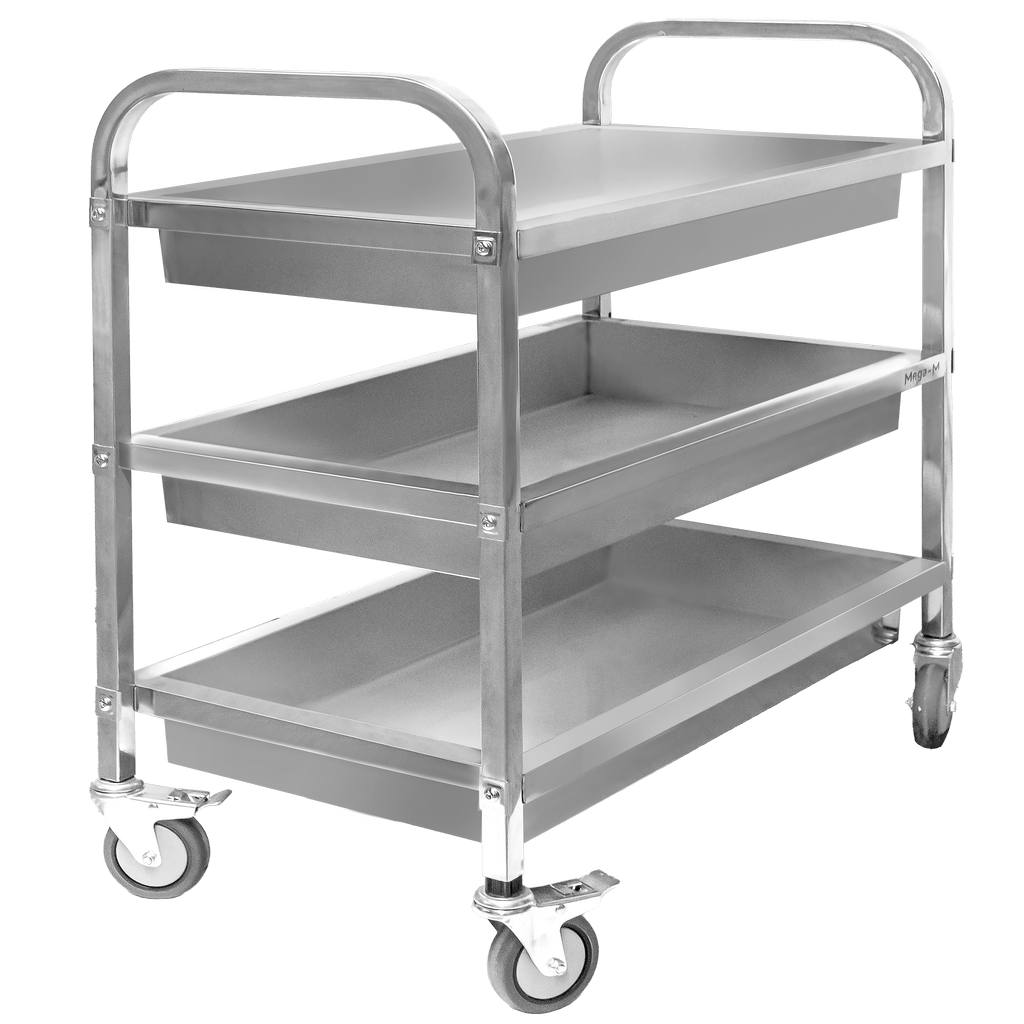 Stainless steel 3-shelf deep Mega-M serving trolley W-95 cm D-50 cm H-95 cm N