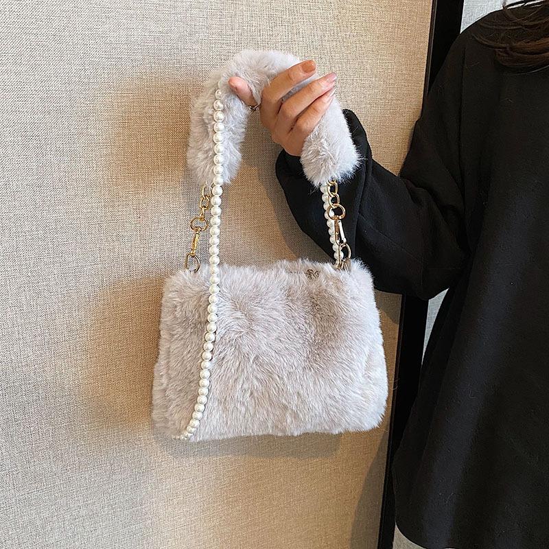 New pearl chain plush bag women's shoulder bag fashion underarm bag versatile messenger bag