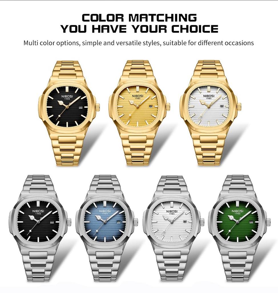 NIBOSI Stainless Metal Wach for Men Men's Watch, Stylish, Business, Steel, Wristwatch, Gentleman, Waterproof, Analog, Band, Casual, Date, Fluorescent,