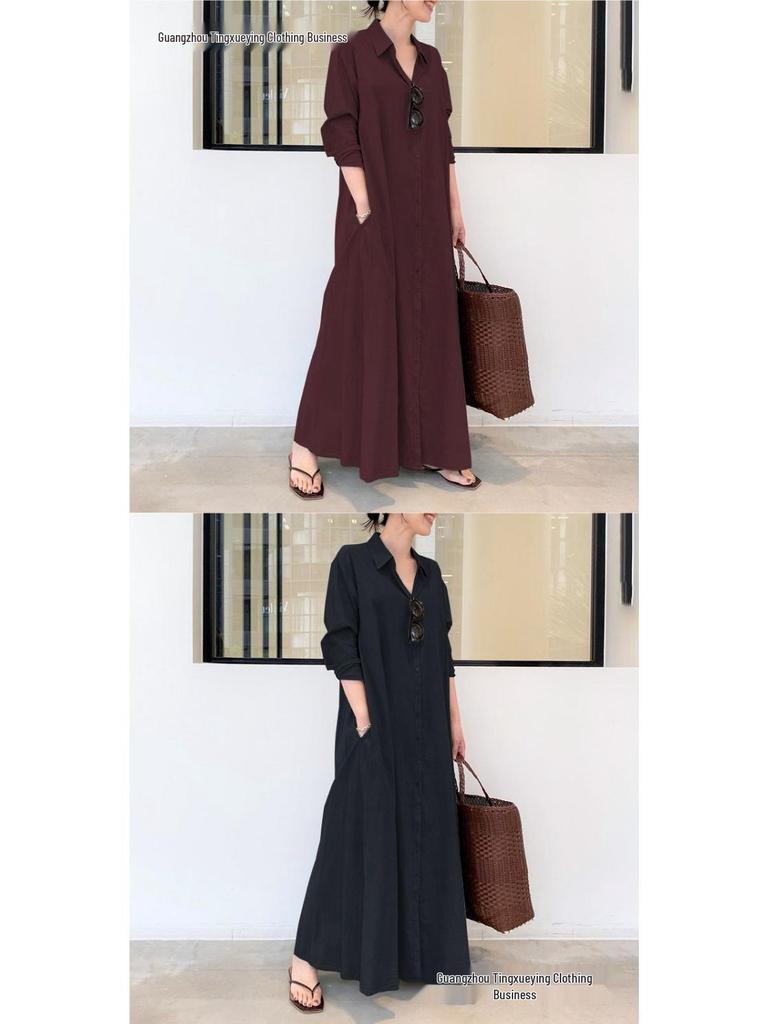 2026 European Cotton Linen Long Sleeve Lapel Shirt Dress with Patch Pocket – Casual, Loose Fit