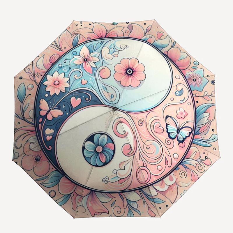 1pc Pink Yin Yang Flower Automatic Opening and Closing Cartoon Practical Umbrella - Small Umbrella Suitable for Various Occasions A064