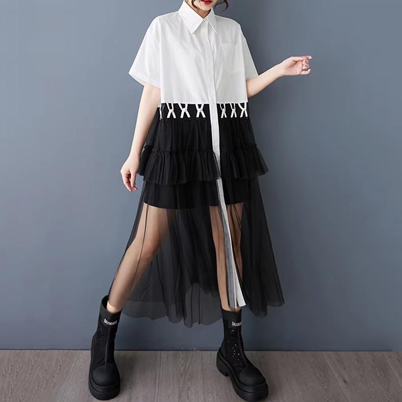 

XITAO Patchwork Mesh Single Breasted Dress GYX1634 One Size чёрный