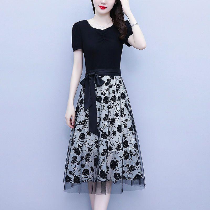 

Молодежное поддельное платье из двух частей для женщин, летняя мода, французская талия, сетчатая юбка, скрывающая живот XXL чёрный