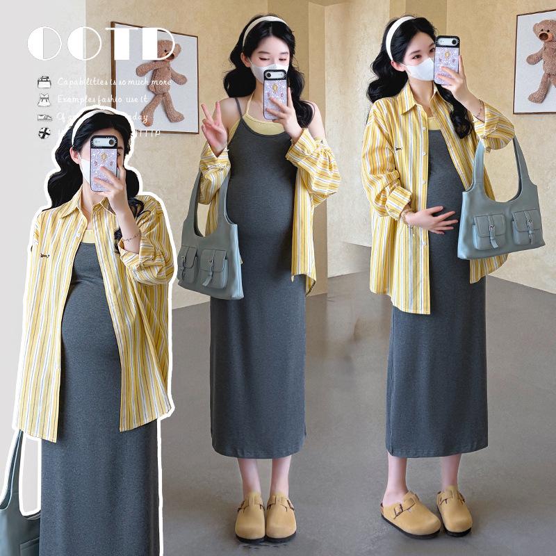 Maternity 2026 Spring/Summer Embroidered Linen Striped Shirt & Camisole Dress Set 2XL