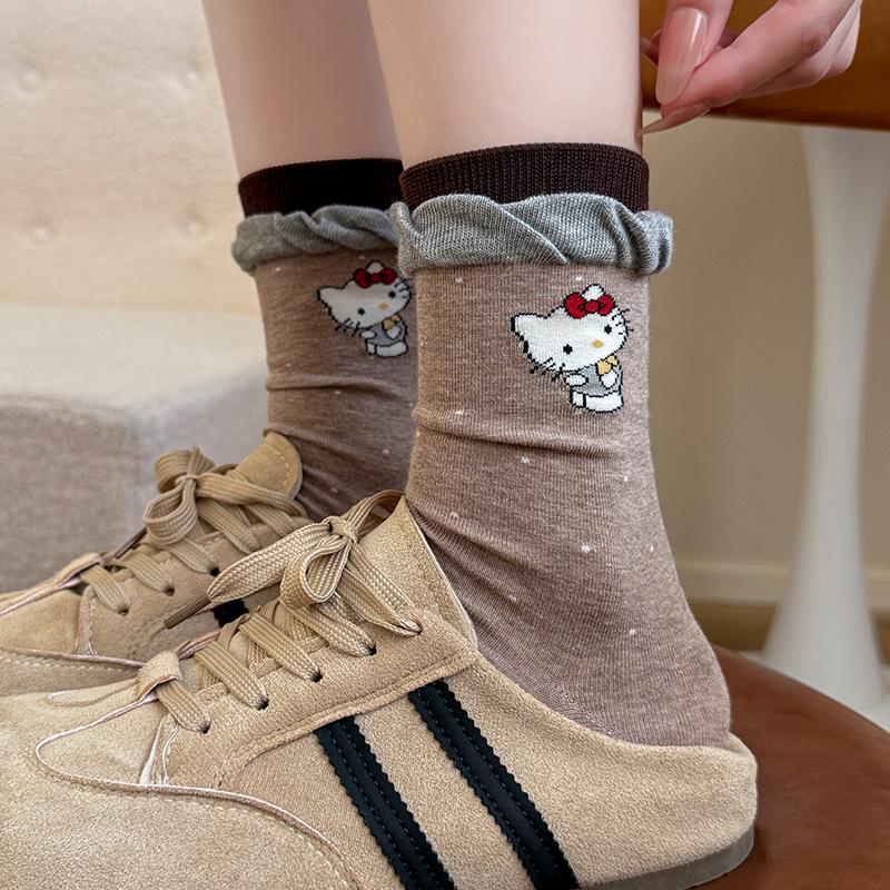 Women's Mid-Calf Colorblock Cat Embroidery Socks - Autumn/Winter Bubble Rolled Edge