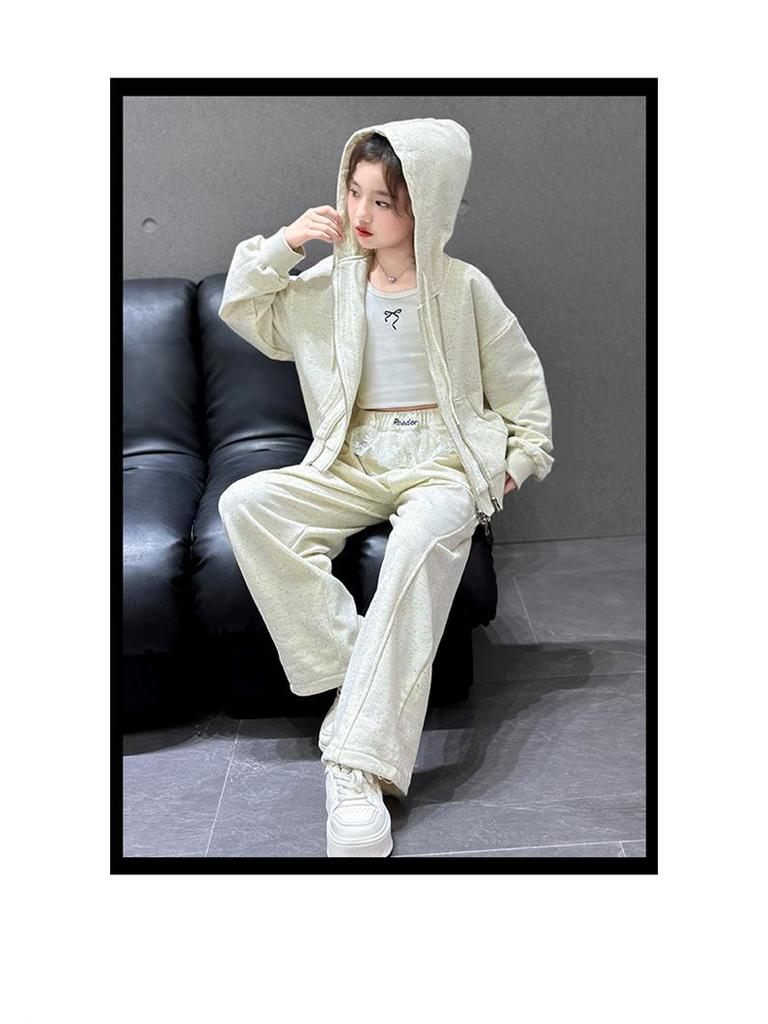 Girls' Fashionable 2025 Autumn Hooded Jacket & Pants Two-Piece Set