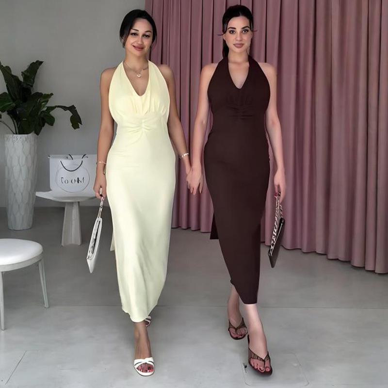 

Осеннее платье 2025 года с V-образным вырезом, без рукавов, на бретелях, с открытой спиной для женщин M светло-желтого