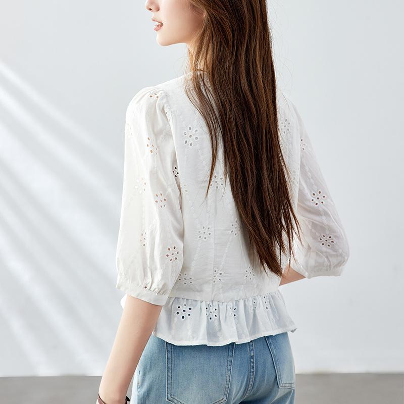 White Embroidered Top Womens Short Sleeves Summer Updated V-neck Top Pure Cotton Womens Top