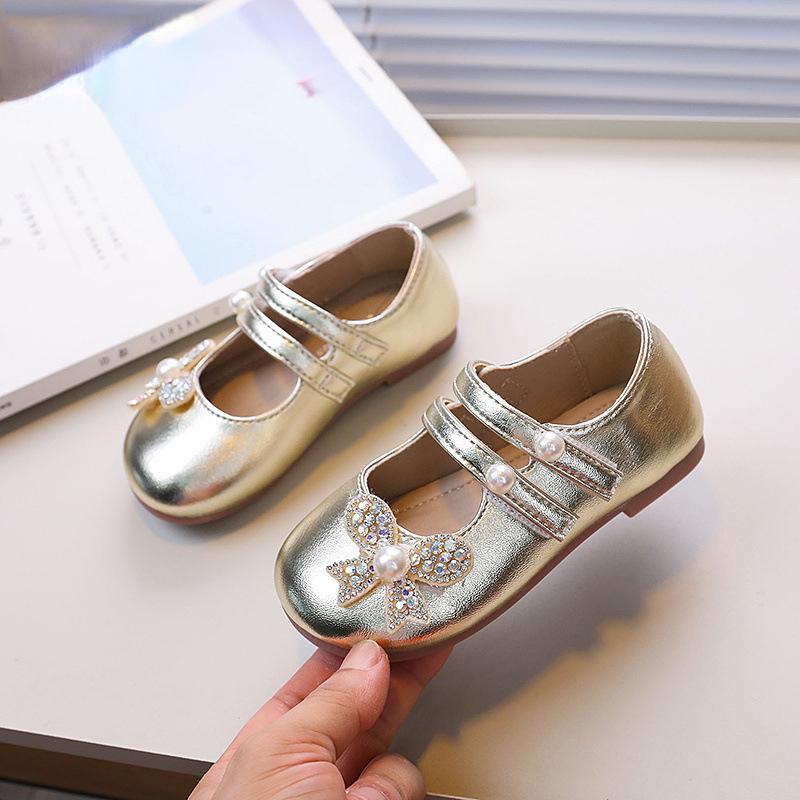 New Children's Leather Shoes Luxury Rhinestone Bowtie Kids Shoes for Girl Sweet Elegant Princess Fashion Ballet Shoes Versatile