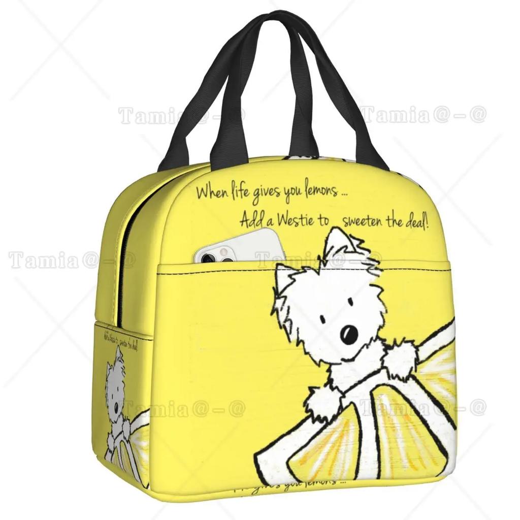 Westies Polka Dot Cartoon Pattern Insulated Lunch Bag Leakproof West Highland White Terrier Dog Thermal Cooler Lunch Tote Kids