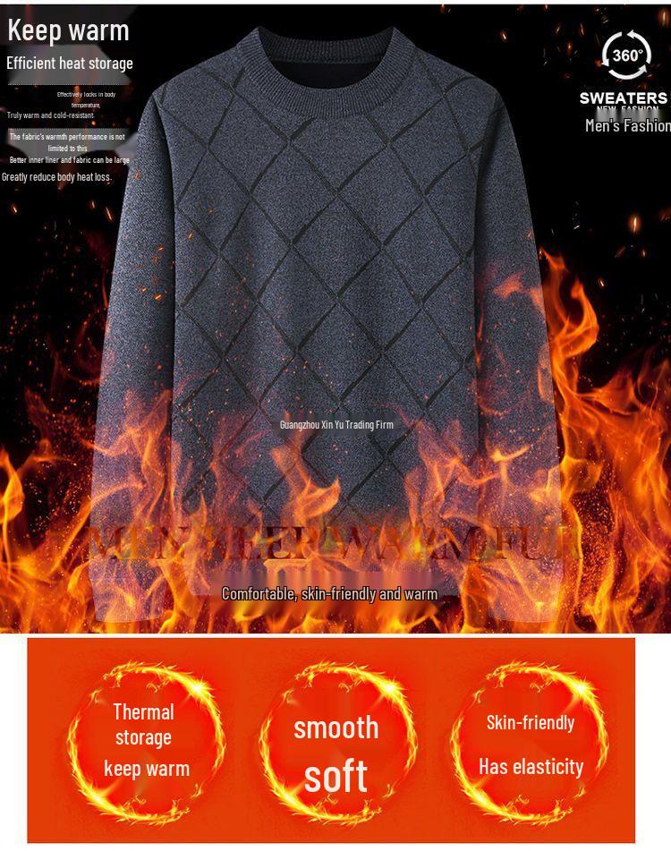 Men's Thickened Velvet Knit Sweater: Warm Round Neck Autumn/Winter Top for Middle-Aged & Elderly Dads