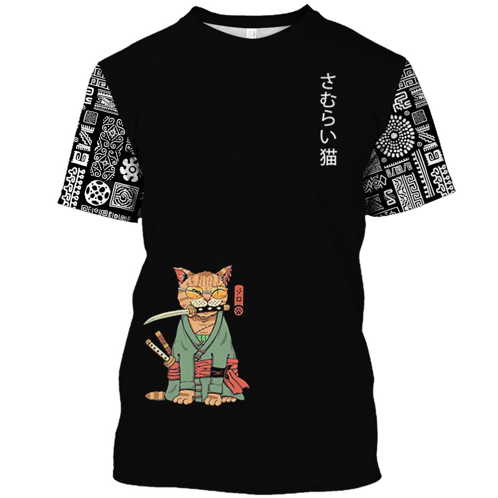 Cartoon Anime Samurai Cat Printed T Shirt For Men Outdoor Hip Hop Harajuku Vintage Clothes Casual O-neck Casual Short Sleeve Tee