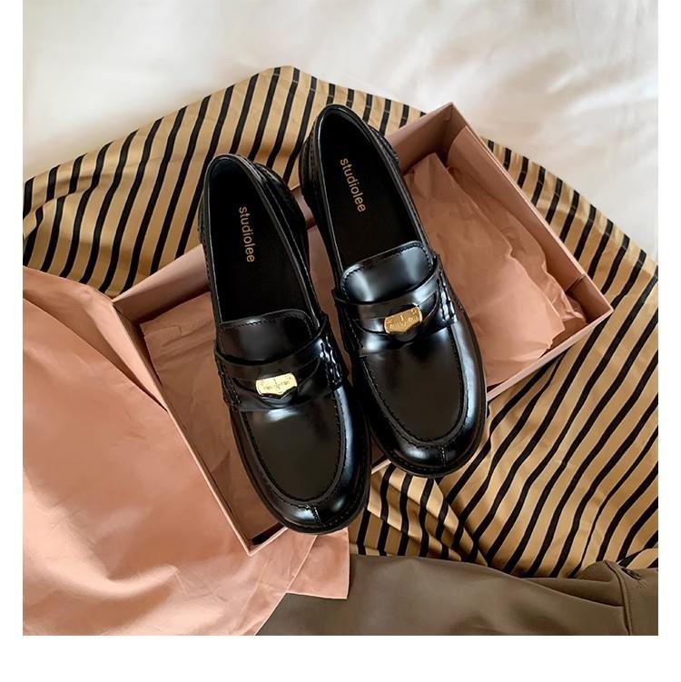Su Yinyin's same style~ 2025 new horse skin retro polishing small gold coin thick heel loafers women's polishing process