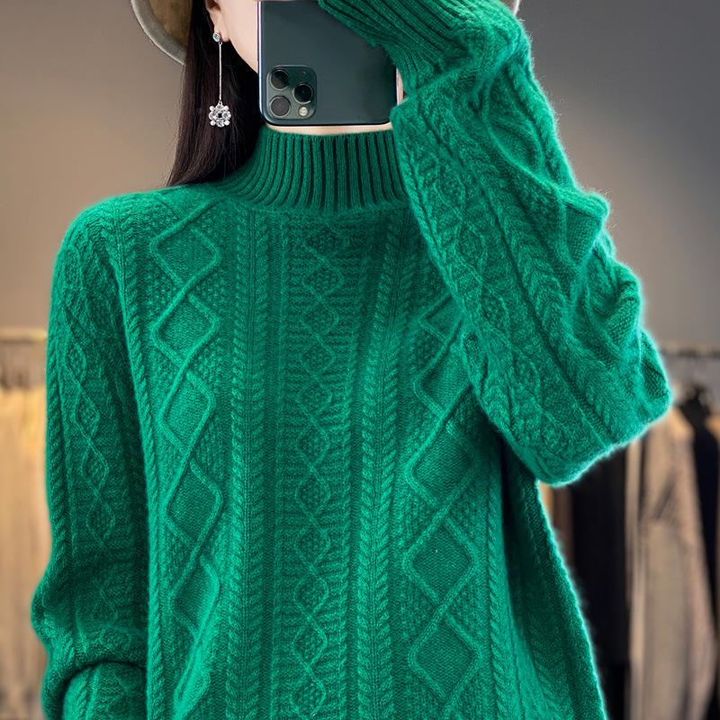 Women's Fashion Pure Wool Cable Knit Turtleneck Sweater for Fall/Winter