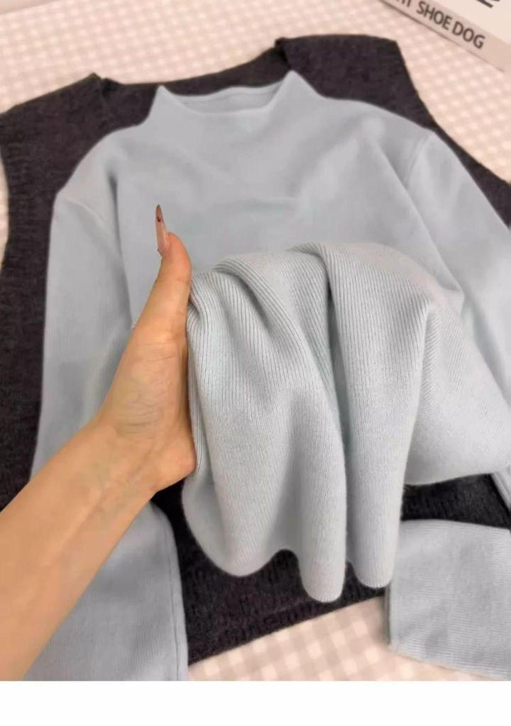 Fufu Korean Style Blue Slim-Fit Knitted Sweater, Semi-High Neck, Soft and Cozy Top for Autumn and Winter 2026.